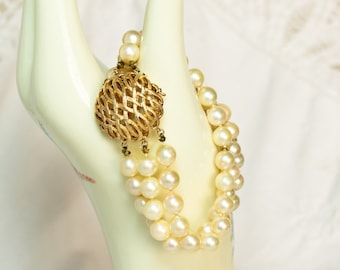 Three Strand Pearl Bracelet 14K Gold Clasp Circa 1980s
