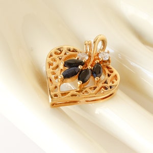 Vintage Sapphire Heart Pendant CZ Accents
