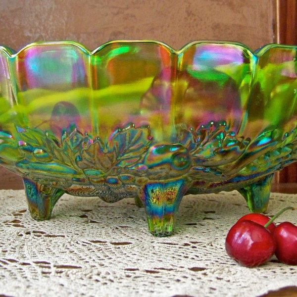 Green Carnival Glass Footed Fruit Bowl