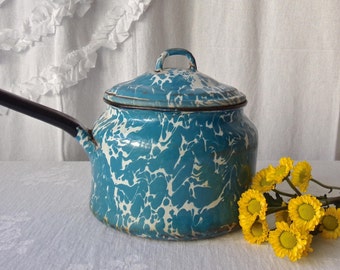 Enamelware Sauce Pot Preserving Kettle Blue Swirl Enamel