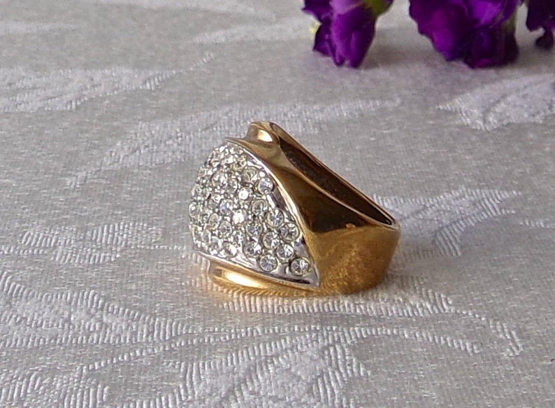 Vintage Cocktail Ring Rhinestone 14K Electroplated Ladies Size 6