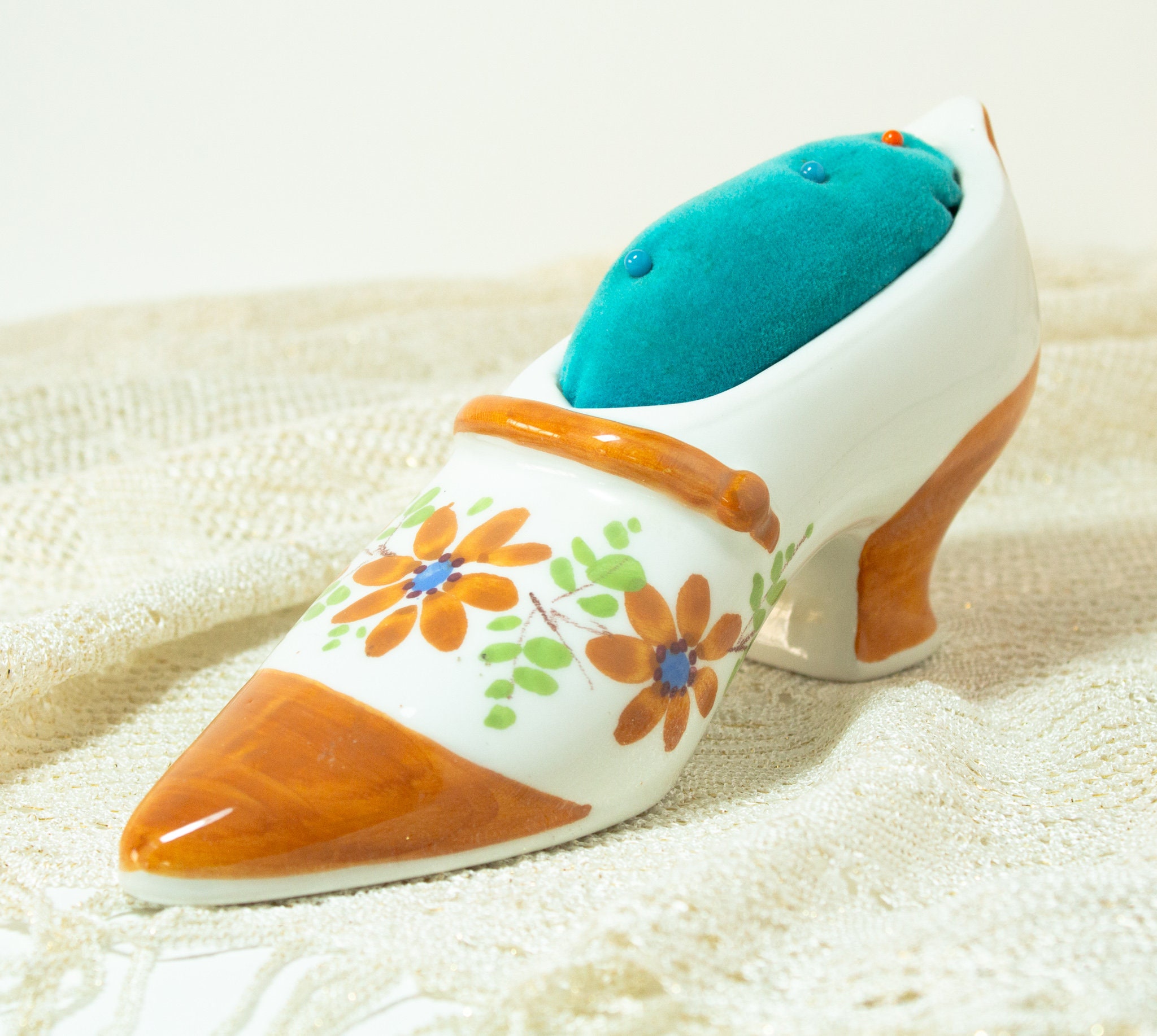 Vintage Pincushion Shoe Figurine Hand Painted Italy