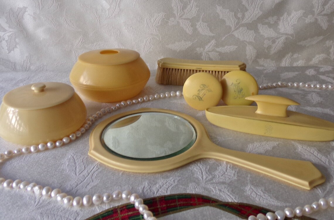 Celluloid Vanity Set Hand Mirror Hair Receiver Powder Jar Etsy