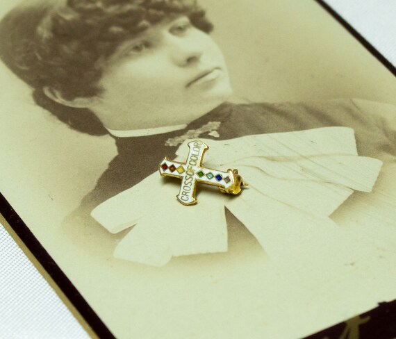 Vintage Tiny 10KT Gold Cross Of Color Pin - image 5