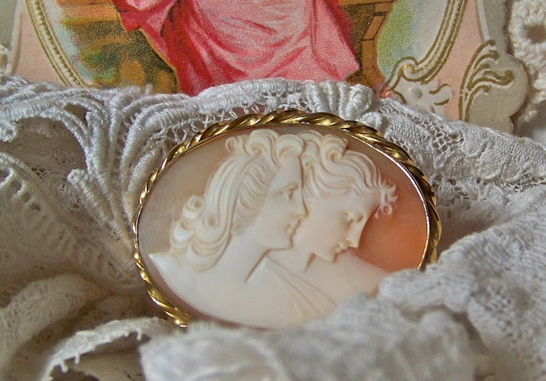 Vintage Sisters Cameo Brooch 12K Gold Filled Signed