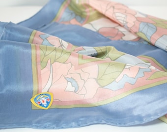 Foulard en soie rose et bleu 34 x 34