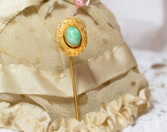 Gold Plated Stickpin Green Glass Vintage Fashion