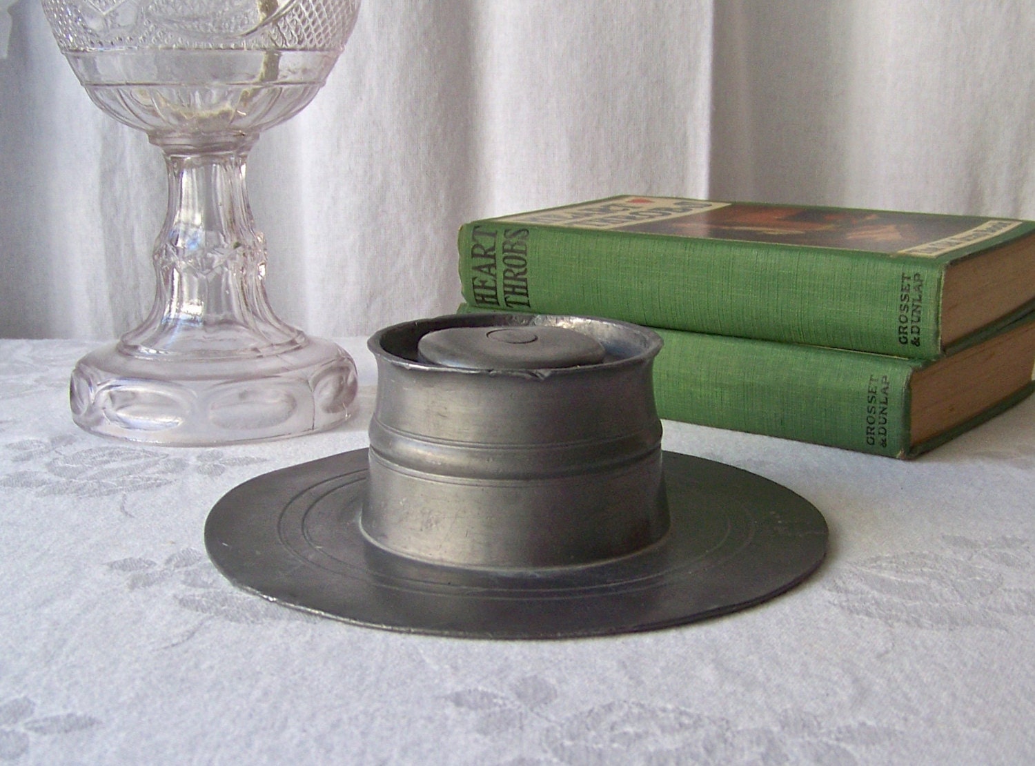 Small Inkwell Set with Quill, Fleur de Lys, Pewter