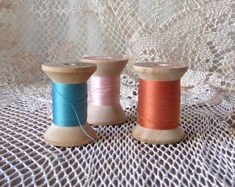 Wood Thread Spools Shades of Blue Pink and Orange Sewing Room Decor