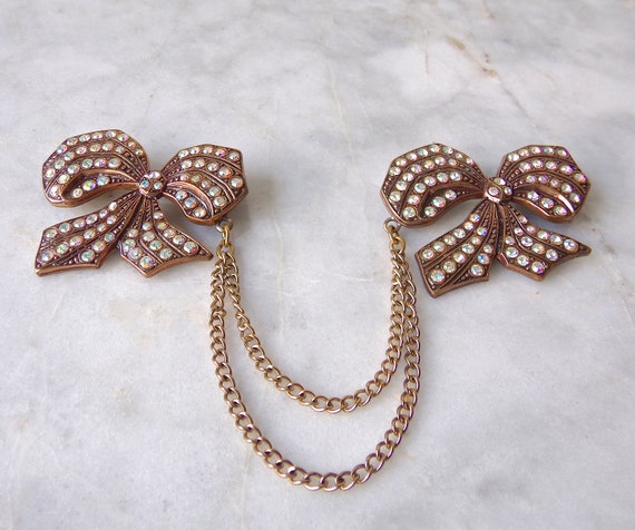 Rhinestone Bow Sweater Pins With Chain Mid Century - image 1