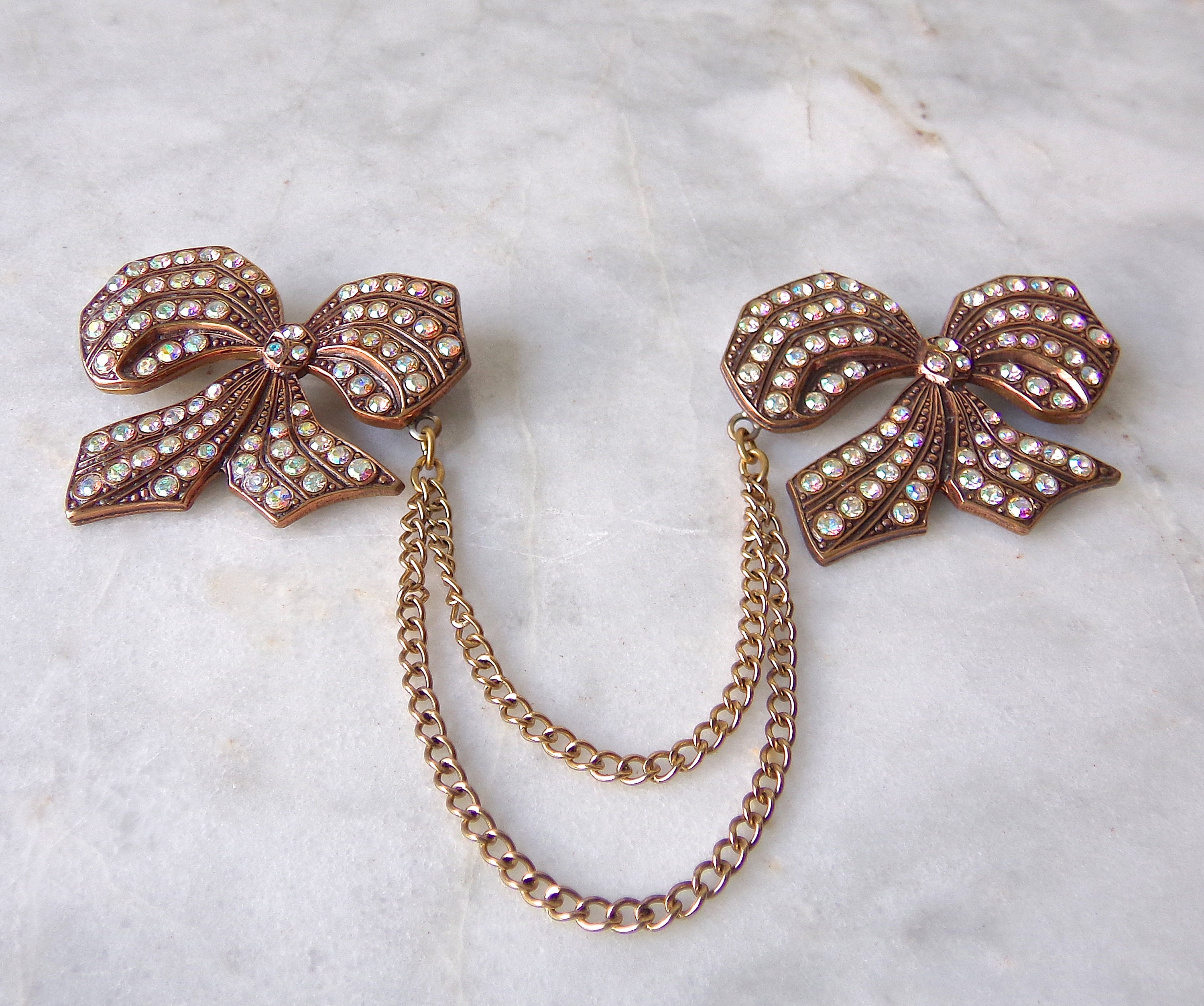 Vintage Rhinestone Bow Sweater Pins With Chain Etsy
