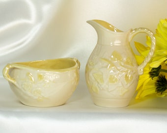 Belleek Ivy Yellow Sugar Bowl And Creamer Ireland Vintage 1946-55