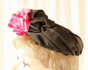 Vintage Black Satin Hat Pink Rose