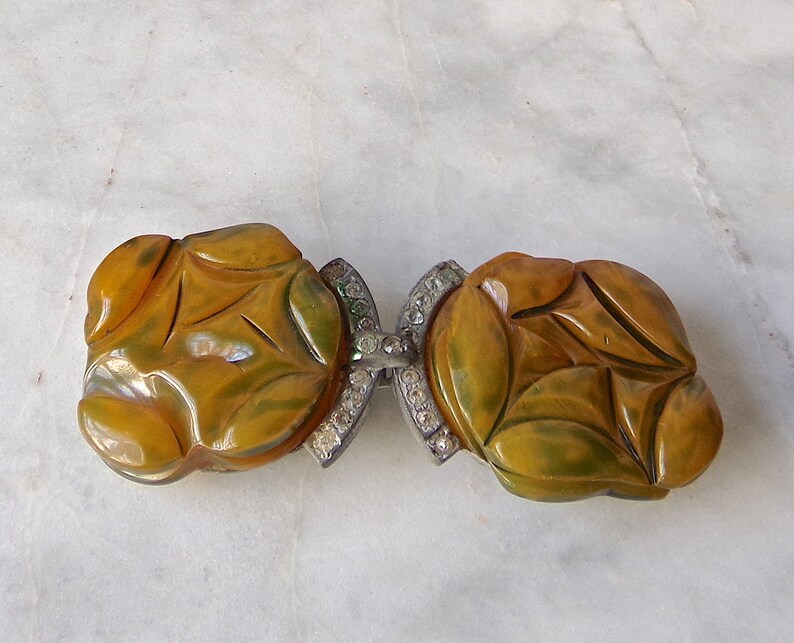 Vintage Bakelite Buckle Chunky Muddy Green Rhinestone Clasp