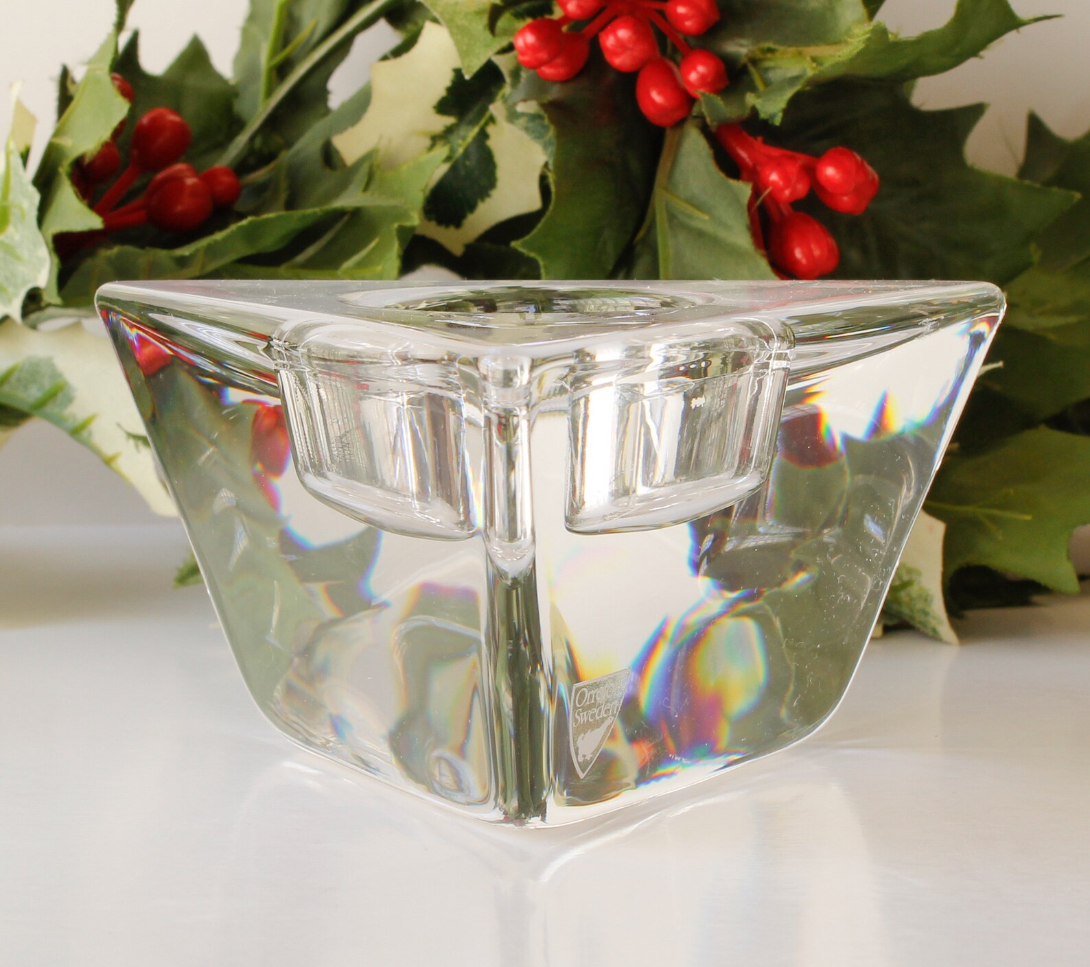 Vintage Orrefors Crystal Triangle Votive Candle Holder Signed Etsy