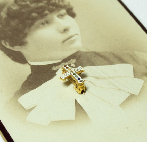Vintage Tiny 10KT Gold Cross Of Color Pin - image 3