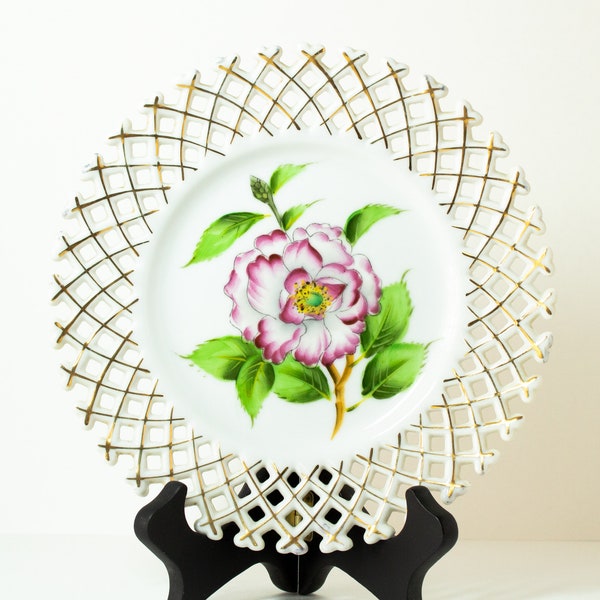 Vintage Reticulated Plate with Lattice Work and Pink Rose | Shabby Cottage Style | Occupied Japan