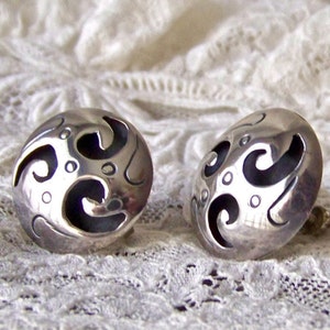 Vintage Sterling Earrings Black Swirls Screw Back