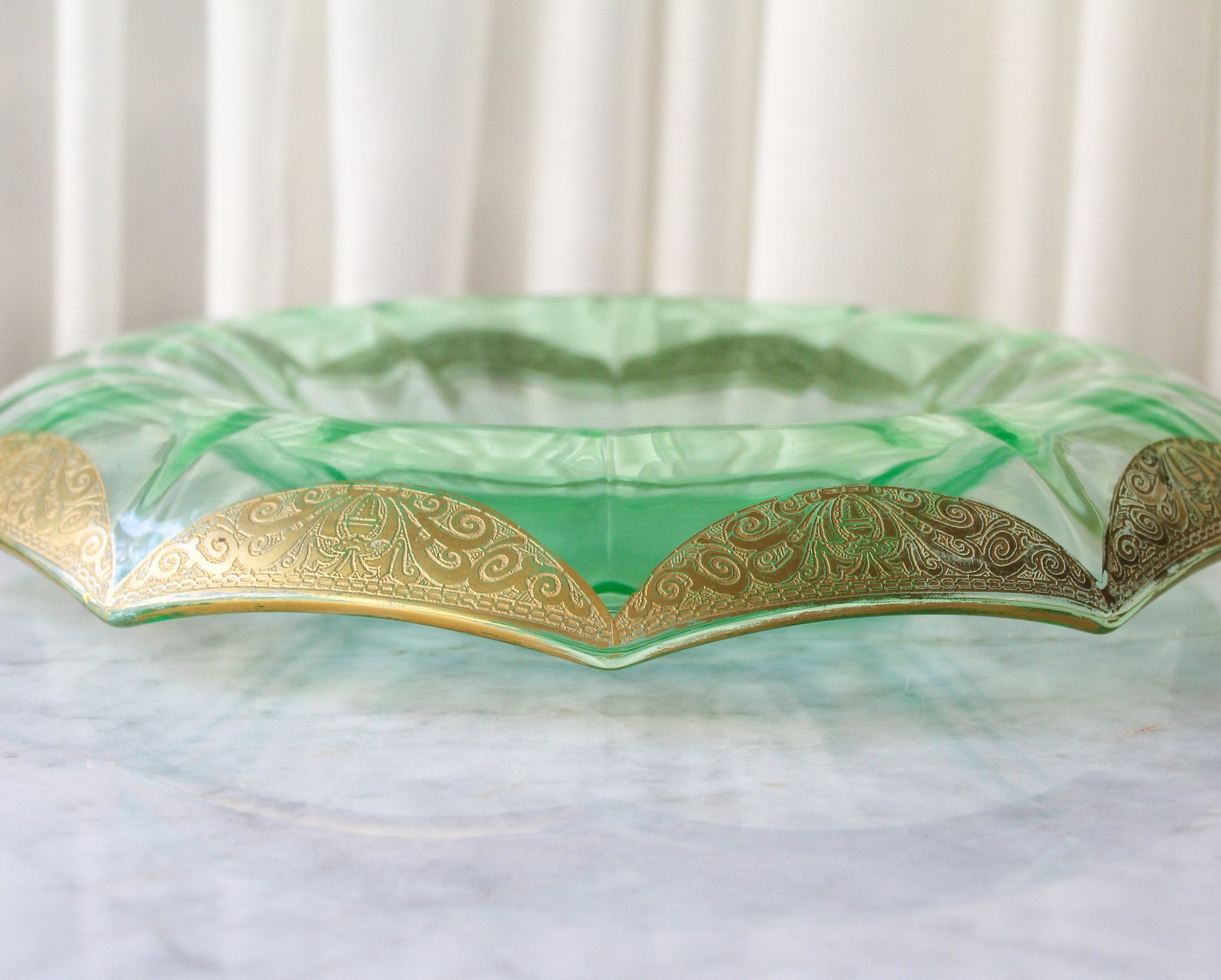 Vintage Console Bowl Vaseline Glass Rolled Rim Gold Overlay Etsy