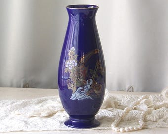Vintage Porcelain Vase Cobalt Blue Oriental Decor