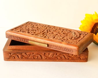 Wood Dresser Box Hand Carved Mahogany Circa 1950s