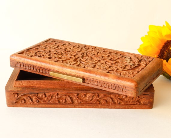Vintage Wood Dresser Box, Hand Carved Mahogany 1960s