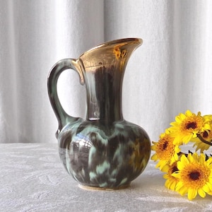 Vintage Pitcher Vase Teal and Brown Mid-Century