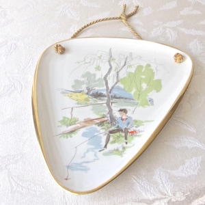 Vintage Boy Fishing Porcelain Wall Hanging Signed