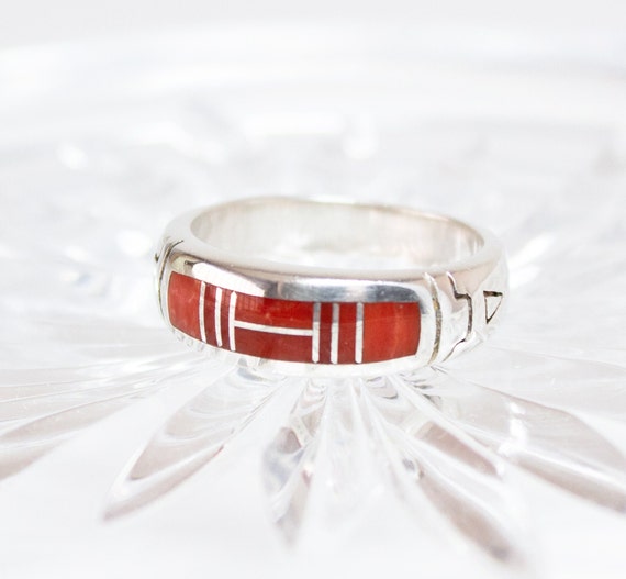 Sterling Coral Inlay Ring Circa 1980s - image 1