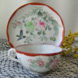Vintage Japanese Teacup and Saucer Pink and Mint Signed