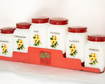 Milk Glass Spice Jar Set With  Hibiscus Flower Motif Metal Rack 1940s