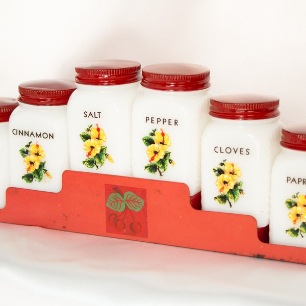 Milk Glass Spice Jar Set With Hibiscus Flower Motif Metal Rack 1940s