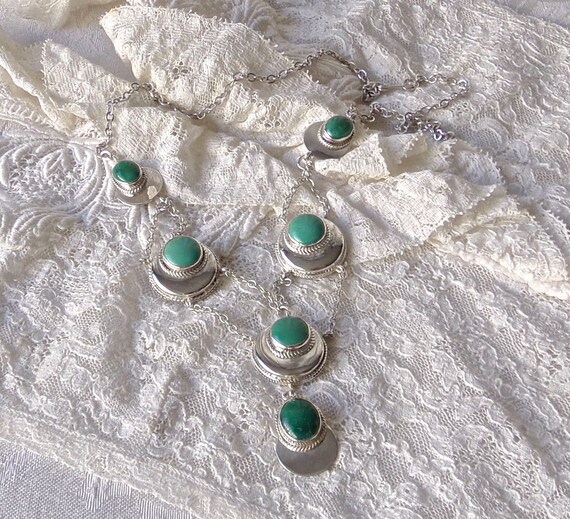 Sterling Turquoise Malachite Bib Necklace Vintage - image 4