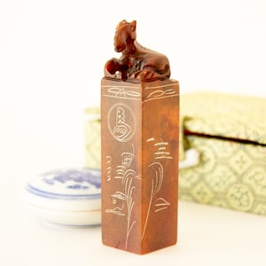 Vintage Carved Jadeite Chop Seal Year Of The Horse With Box