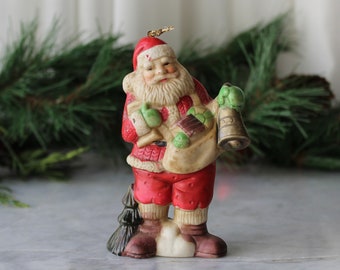 Christmas Santa Claus Porcelain Ornament Carrying Bag of Toys