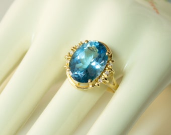 Blue Topaz Ring With Diamond Accents 14k Gold Size 10.5 US