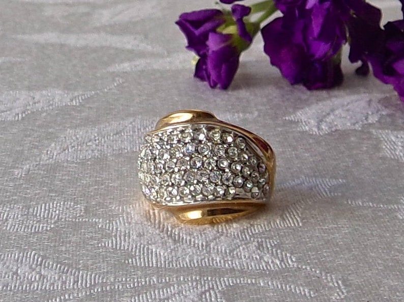 Vintage Cocktail Ring Rhinestone 14K Electroplated Ladies Size 6