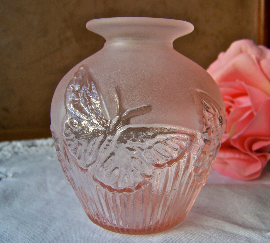 Vintage Pink Depression Glass Butterfly Vase Etsy