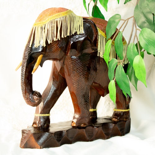 Large Wood Elephant With Woven shops Silk Fringed Blanket