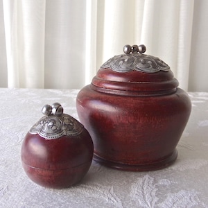 Vintage Wooden Trinket Box Set Metal Decorative Tops