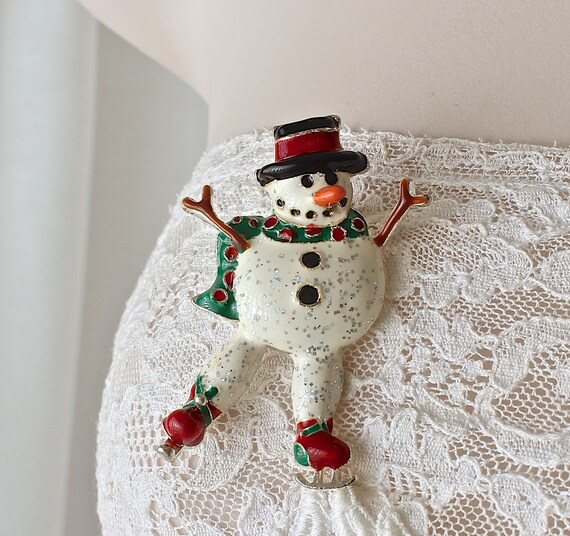 Ice Skating Snowman Fashion Pin with Crystals Silver Tone Ice Skating Snowman Fashion Pin with Crystals Silver Tone