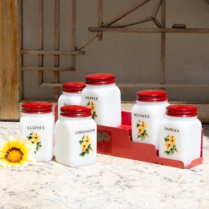 Vintage Spice Jar Set With Flower Motif Metal Rack 1940s