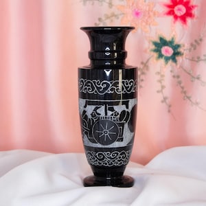 Vintage Black Marble Vase With Etched Horses and Cart