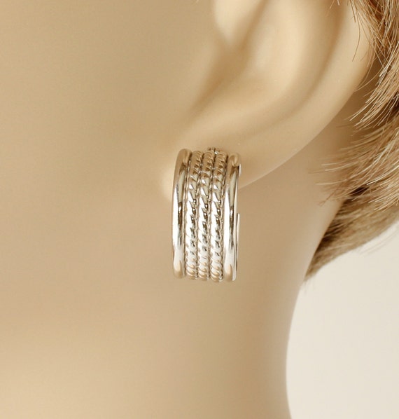 14KT White Gold Earrings Brutalist Chunky Hoop La… - image 4