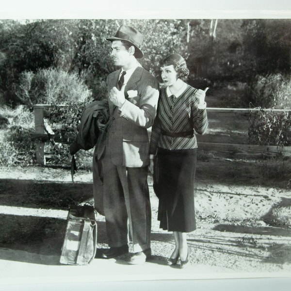 Hollywood Movie Stars Clark Gable Claudette Colbert Hitchhikers Black and White Glossy Photograph