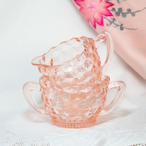 Vintage Pink Glass Cream And Sugar Set Cubist Pattern