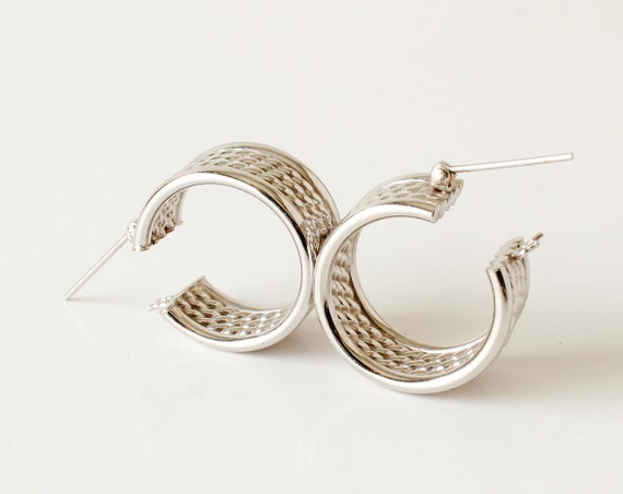 14KT White Gold Earrings Brutalist Chunky Hoop La… - image 1