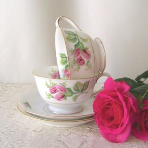 Vintage Pink Rose Teacups with Saucers Set Of Two