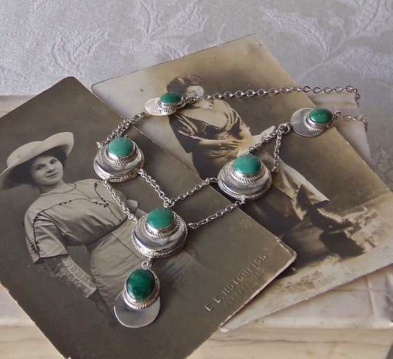 Sterling Turquoise Malachite Bib Necklace Vintage - image 3