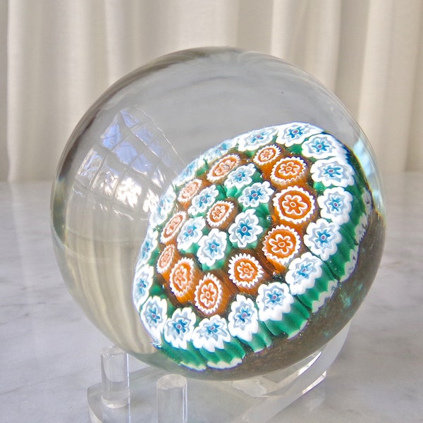 Murano Art Glass Paperweight Orange Blue White and Green Canes Millefiori